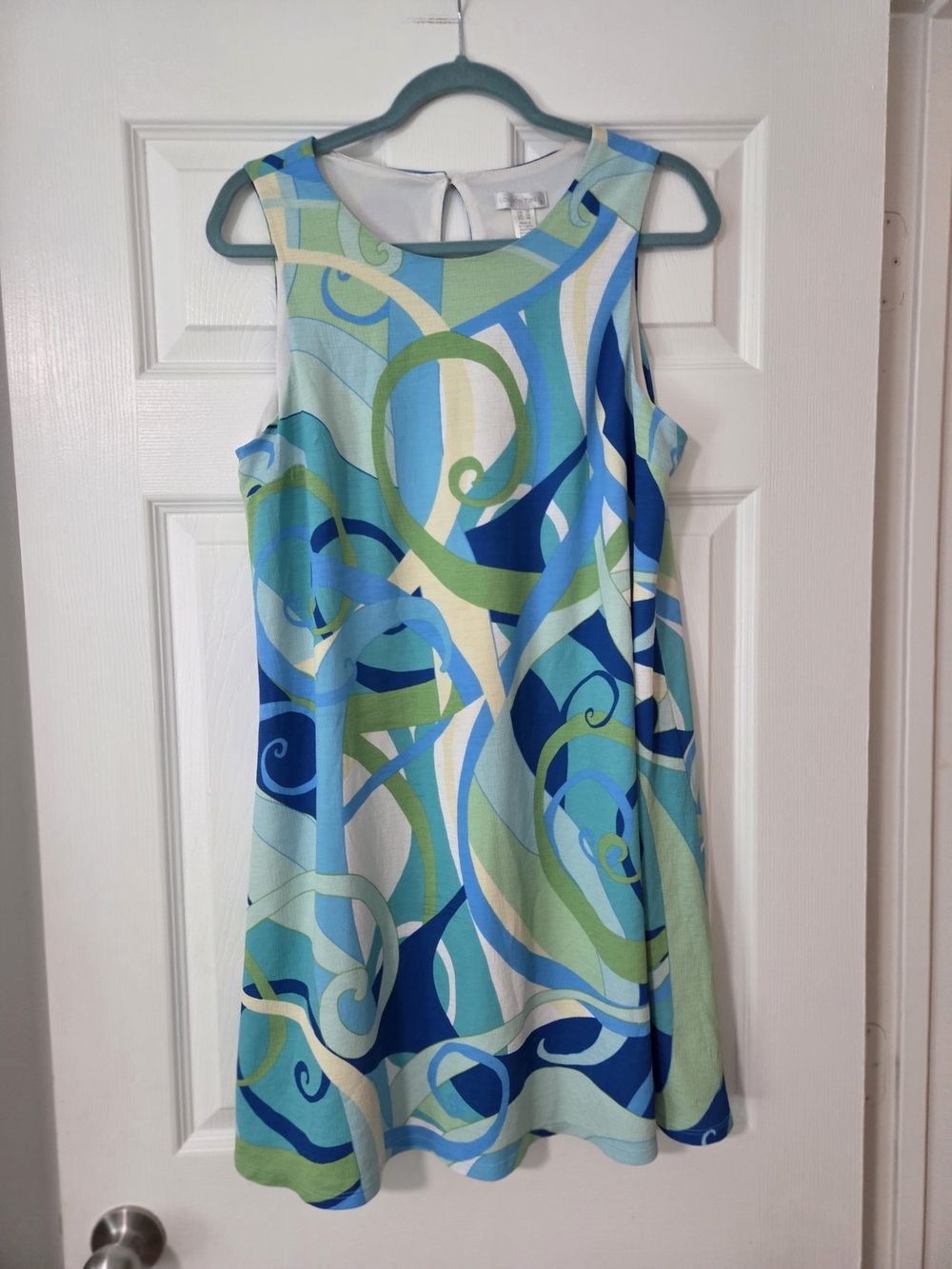 London Times Retro Style Sleeveless Swirl-Print Midi Dress in Bl/Grn/Wh. 10